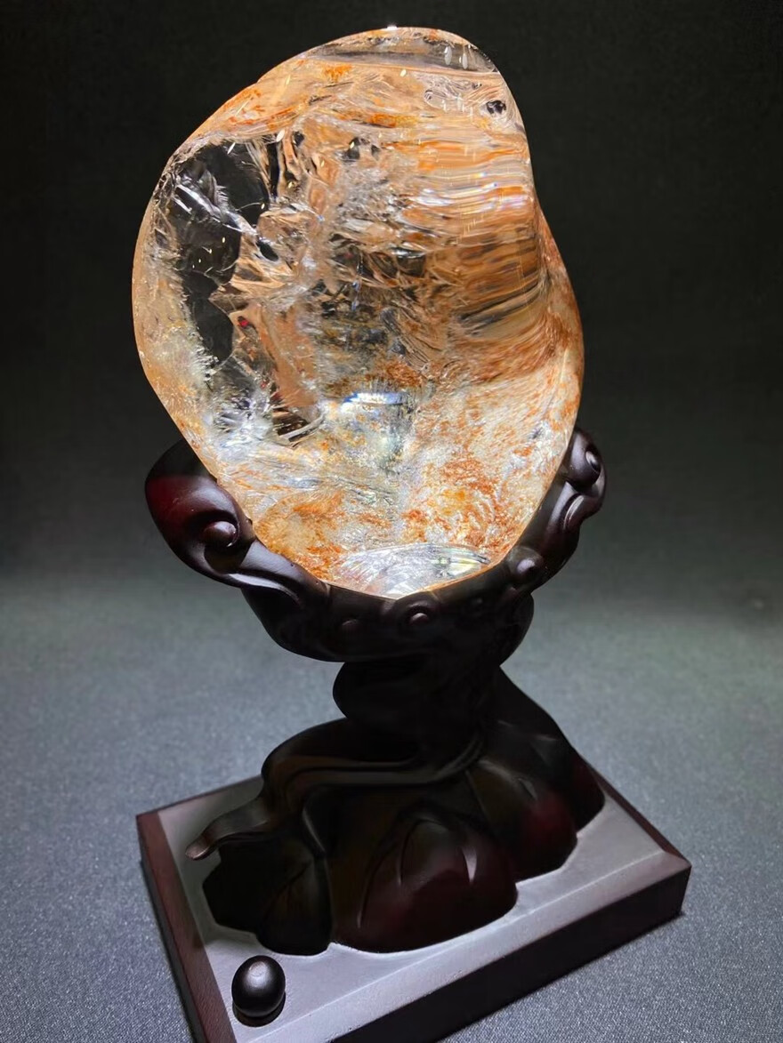 诺源珠宝天然红胶花原石水晶观赏石摆件晶莹剔透精致黑檀底座外形完整