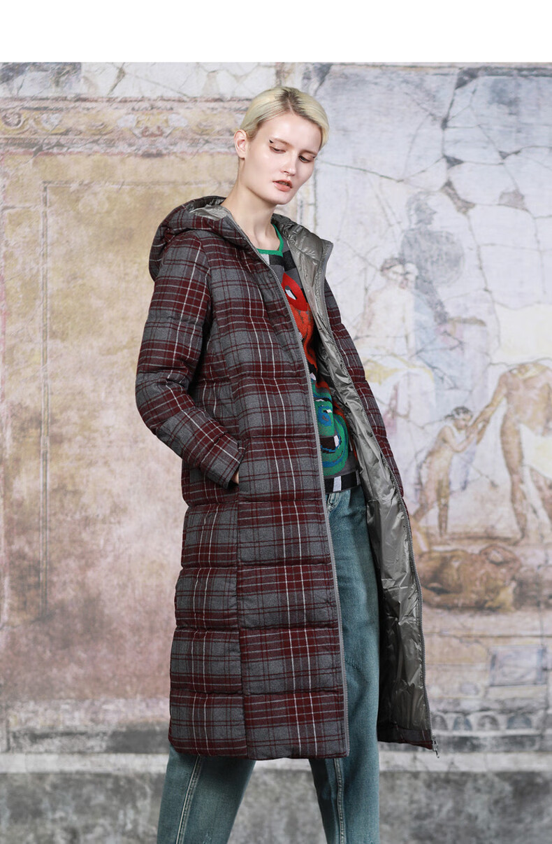 donoratico达衣岩女装冬季英伦格子羽绒外套长款c46米勒暗红s