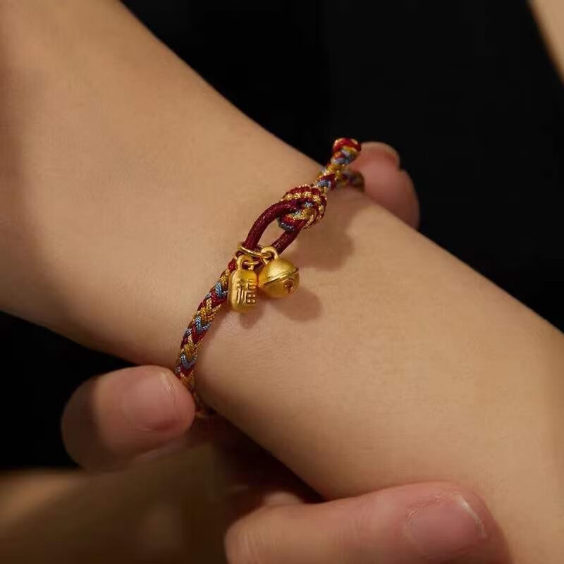 999足金硬金铃铛搭配小福牌转运珠 黄金女士手链编织3d硬金情侣手链一