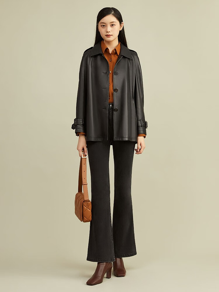 哥弟女装2021秋季新款廓形绵羊皮风衣式宽松系带皮衣女外套a400493