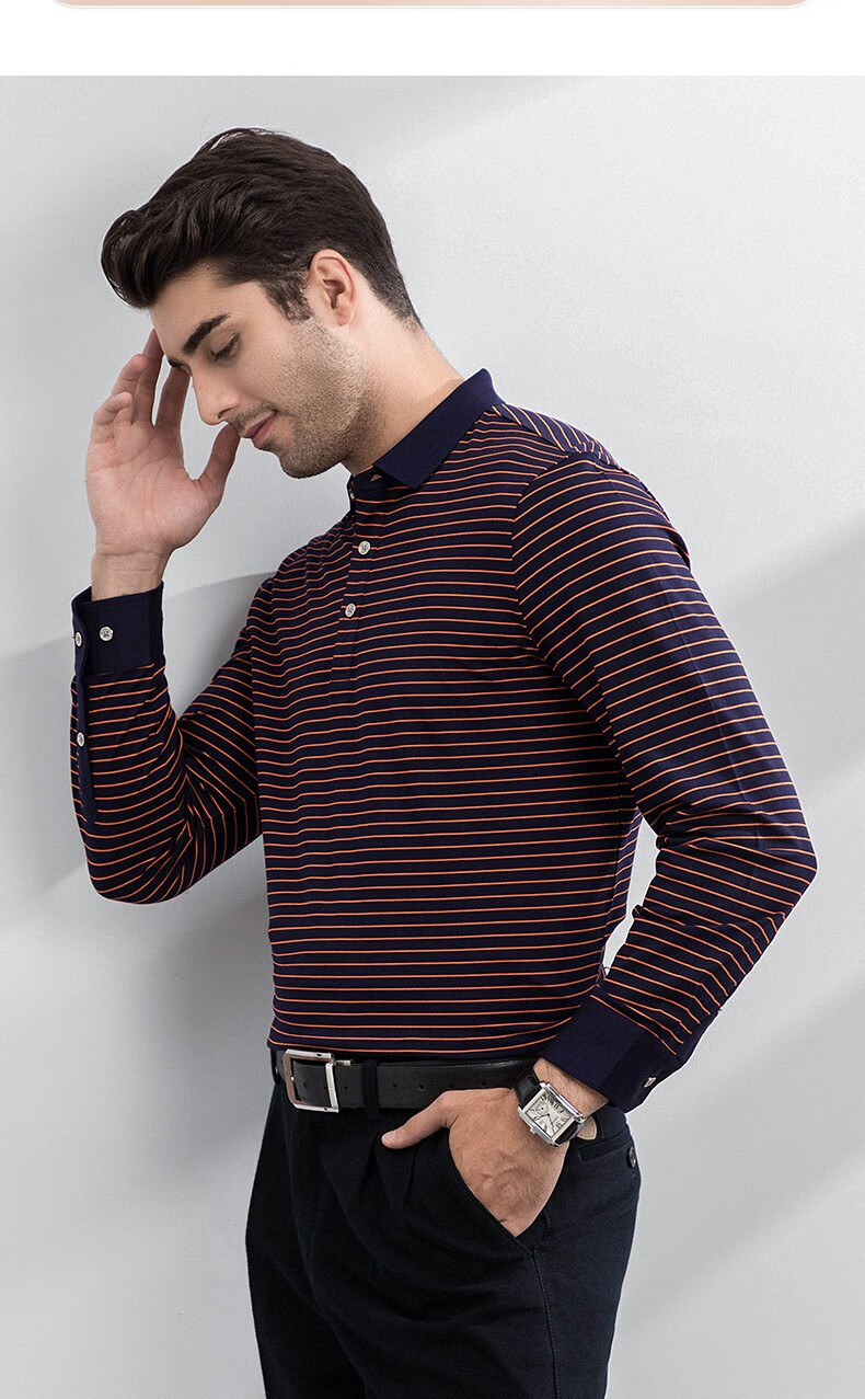 浪登男装翻领长袖t恤丝光棉2021新款中年上班休闲纯棉条纹体恤蓝色l