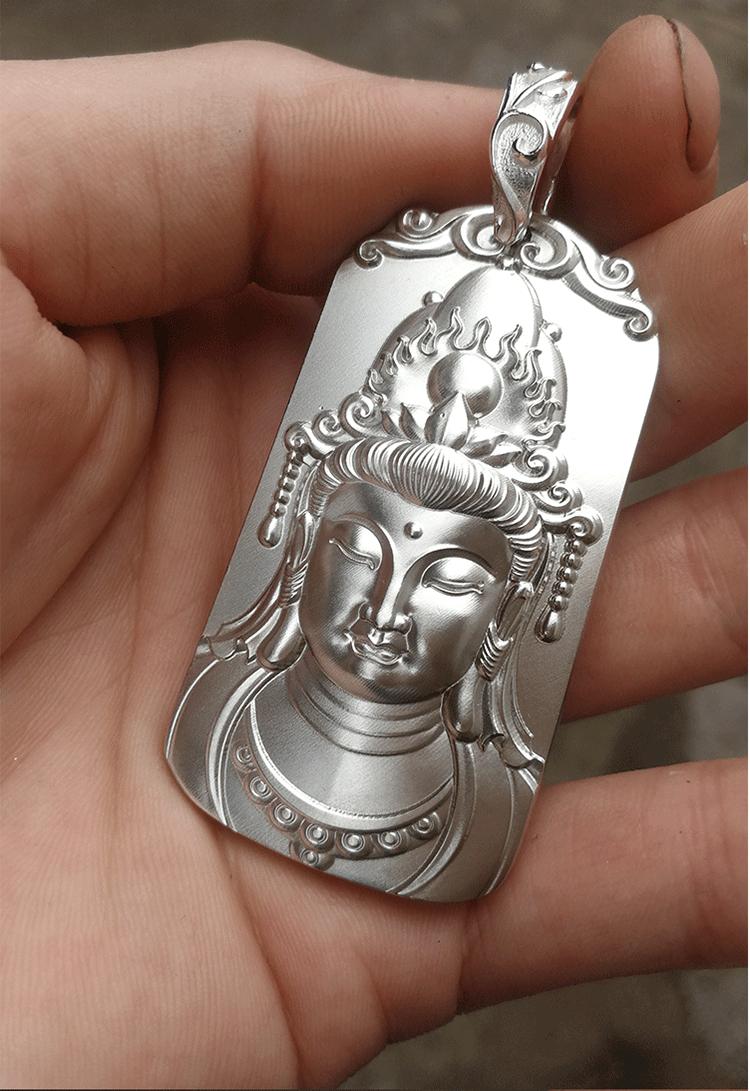 庞益实心足银莲花观音菩萨吊坠男士男款银牌护身符项链女士银泰银观世