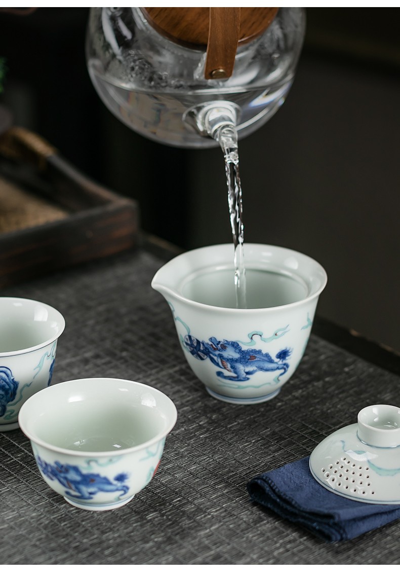 京峰阁茶具套装旅行套组仿古古彩狮子滚绣球贴花茶杯公道杯礼盒装旅行