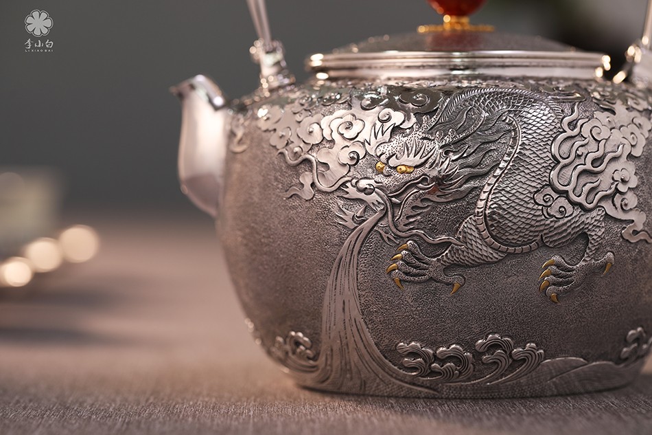 李小白银壶纯银银壶纯手工制作金银错龙凤呈祥烧水银壶手工錾刻银壶