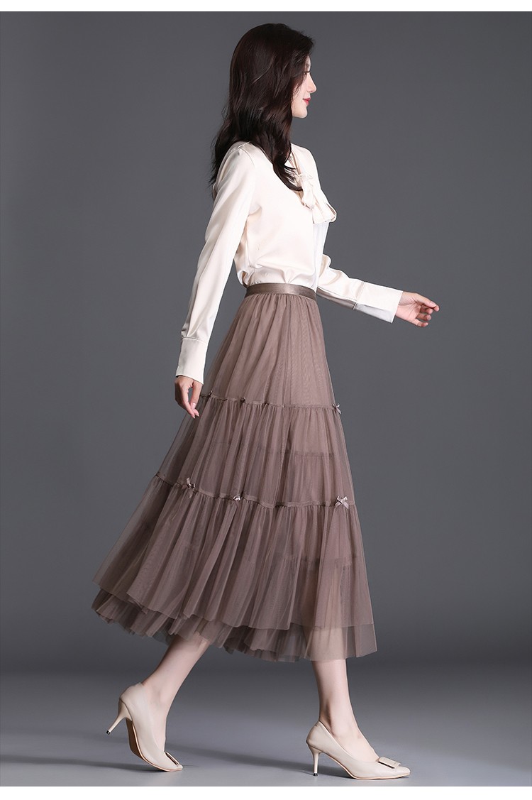 伊索琳网纱半身裙女春季2022新款中长款a字裙垂感纱裙裙子卡其色均码