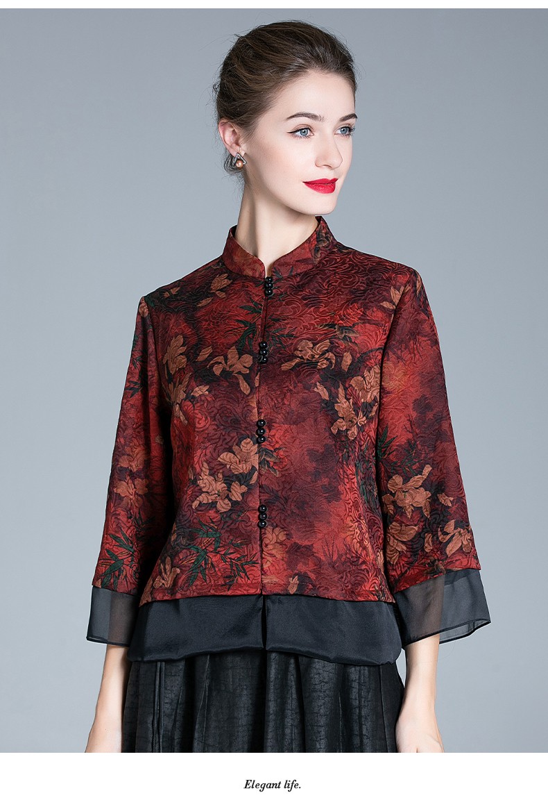 衣路香随重磅真丝花罗香云纱上衣女春秋长袖中老年妈妈气质桑蚕丝衬衣