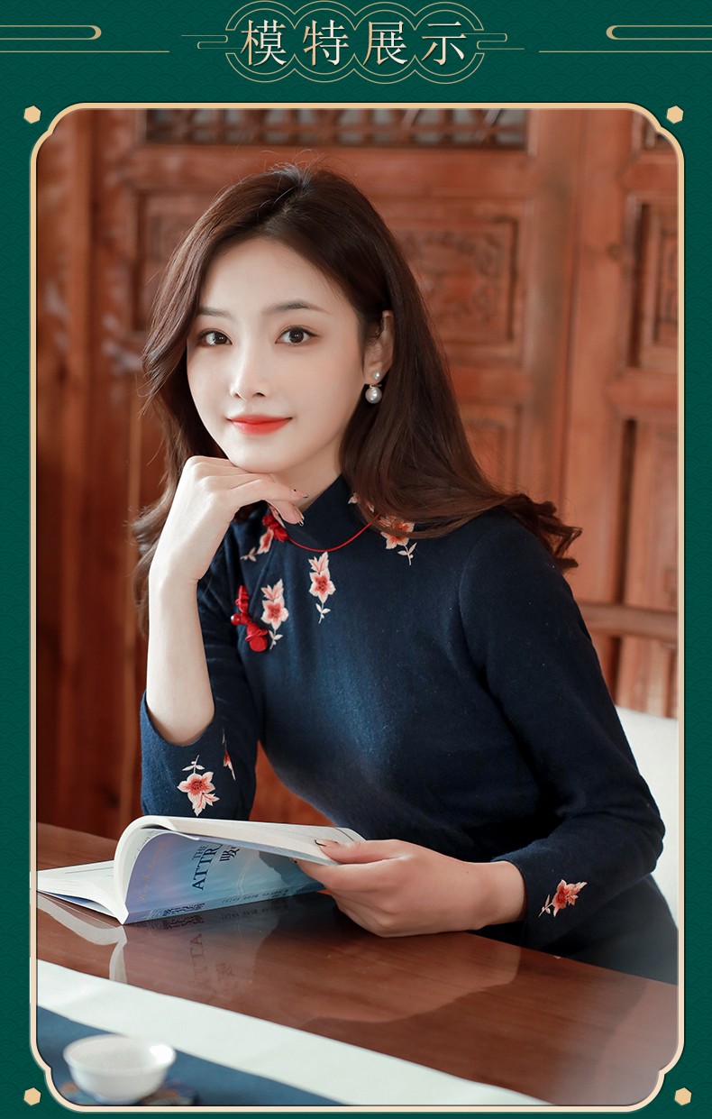 逸红颜出尘旗袍2021秋冬新款中长款长袖时尚针织毛呢料旗袍复古馆藏