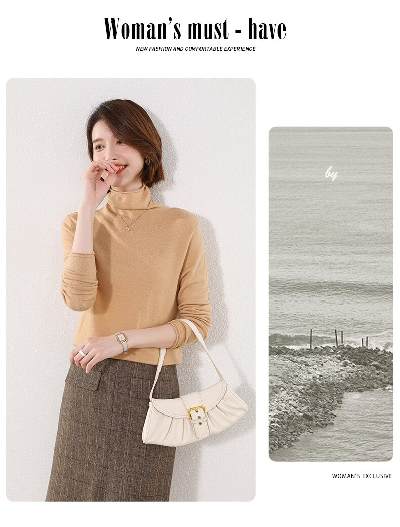 Hengyuanxiang 100% Pure Wool Women's Sweater Autumn Winter Turtleneck Thin Fashion Casual Knitwear Versatile Base Shirt Top 12