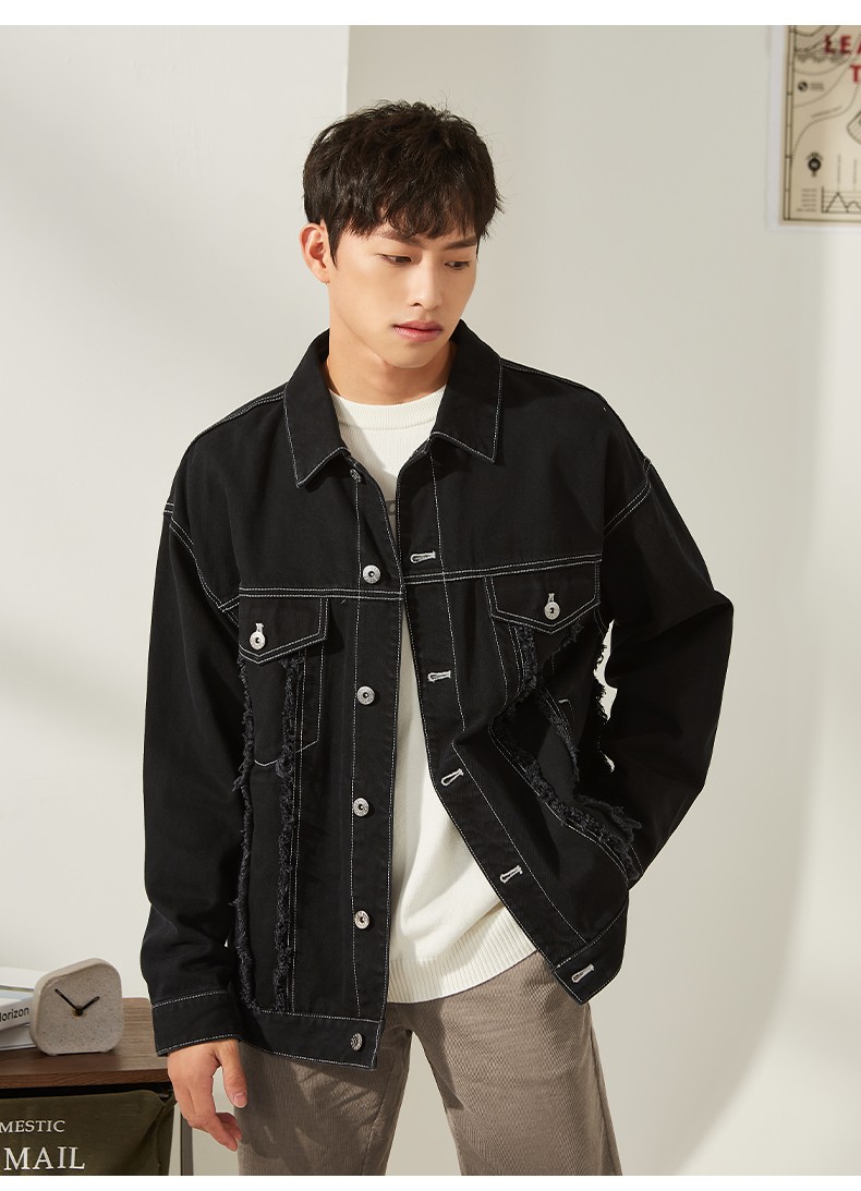 a21秋季2021新款男装牛仔宽松翻领毛边口袋贴袋设计时尚潮流休闲长袖