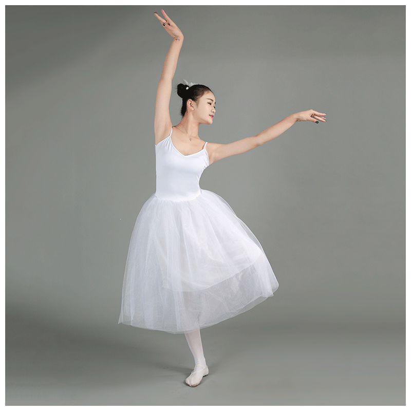 功斌芭蕾舞裙大人蓬蓬连衣裙女仙舞蹈长纱裙白色芭蕾练功演出服白色