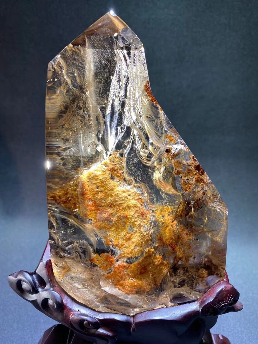 诺源珠宝天然黄幽灵原石水晶观赏石摆件晶莹剔透精致黑檀底座外形完整