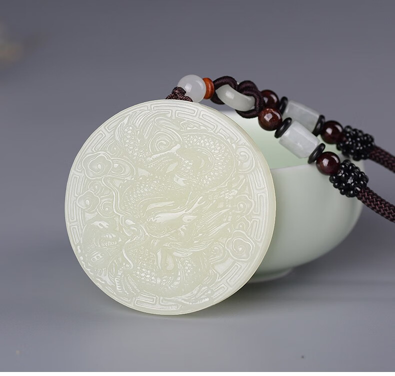 汉峰 和田玉龙凤玉佩情侣款一对玉牌吊坠男士圆形玉石玉坠挂件 凤佩