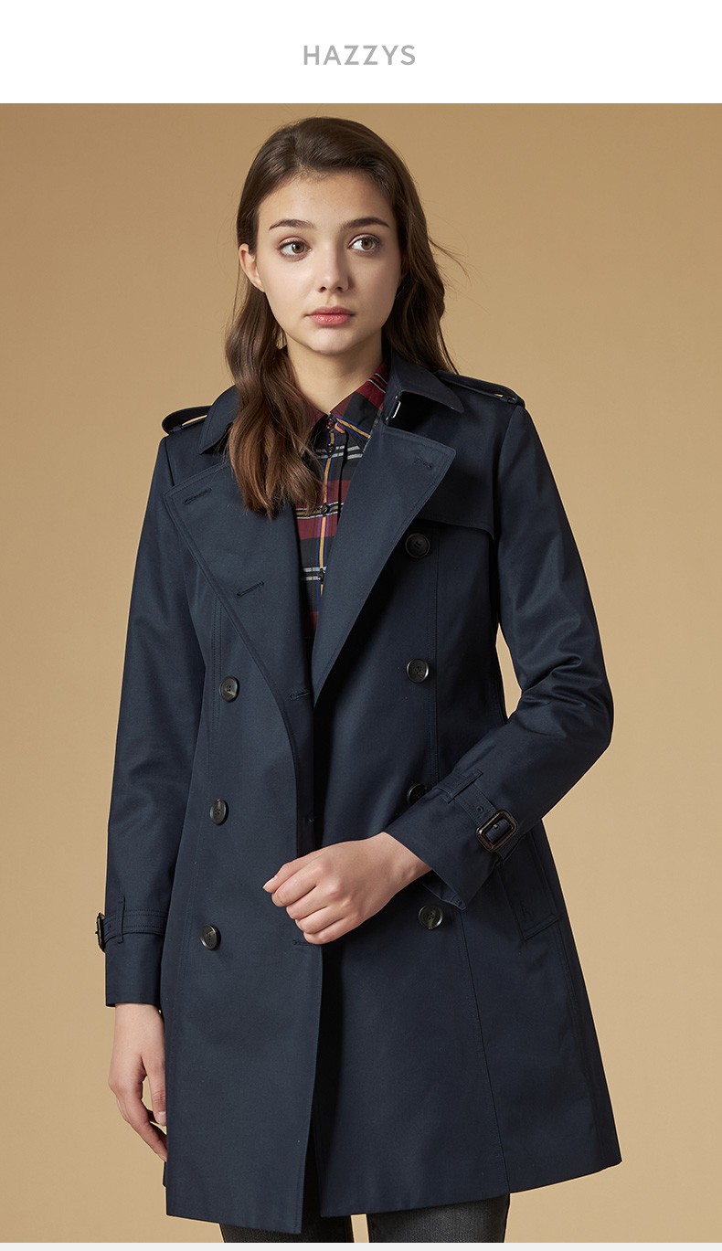 商场同款哈吉斯hazzys春秋款风衣女修身经典双排扣休闲风衣aswsh01ch