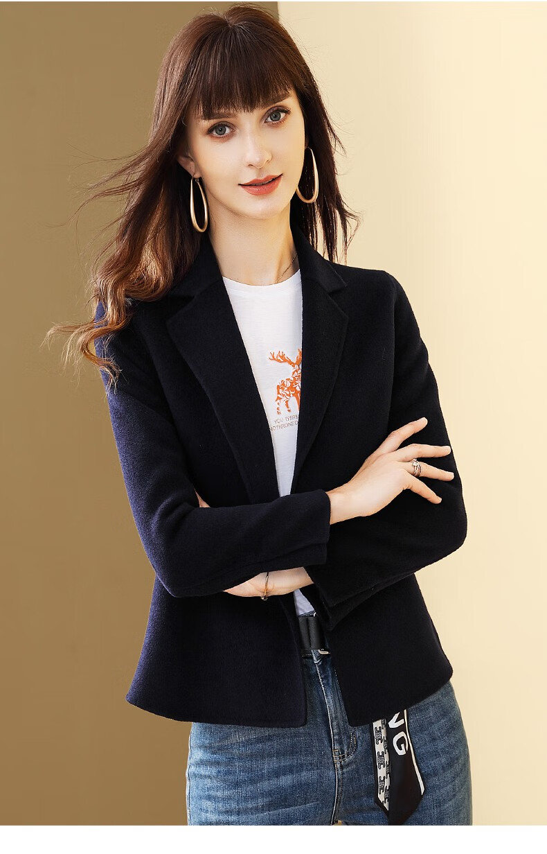 丹慕妮尔黑色修身小西装毛呢外套女2021秋冬新款羊毛西服短款上衣黑色