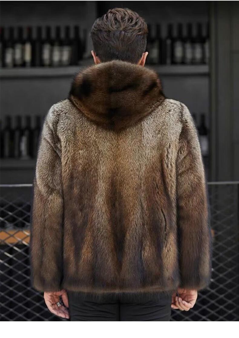 恒源祥品牌貂皮大衣男美国进口水貂整貂短款连帽渔貂皮草裘皮大衣外套