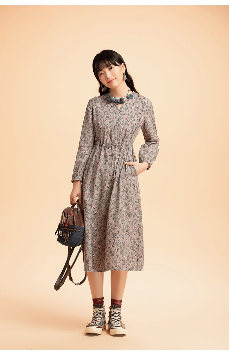 渔女装秋装新款2022长款开扣抽绳收腰印花纯棉全棉连衣裙fgec0002 灰