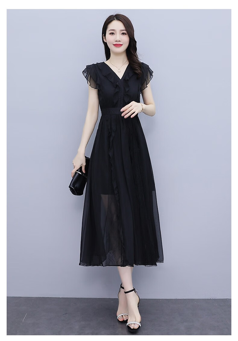 zrzoro轻奢品牌黑色连衣裙女2022夏季新款时尚百搭气质修身惊艳雪纺