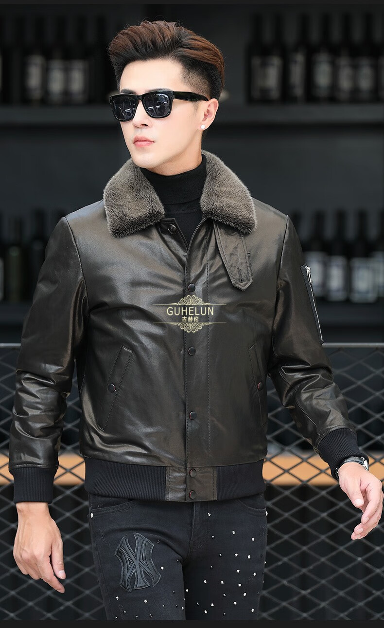 古赫伦高端奢侈品牌男装短款冬季带毛领皮夹克山羊皮男士真皮皮衣休闲