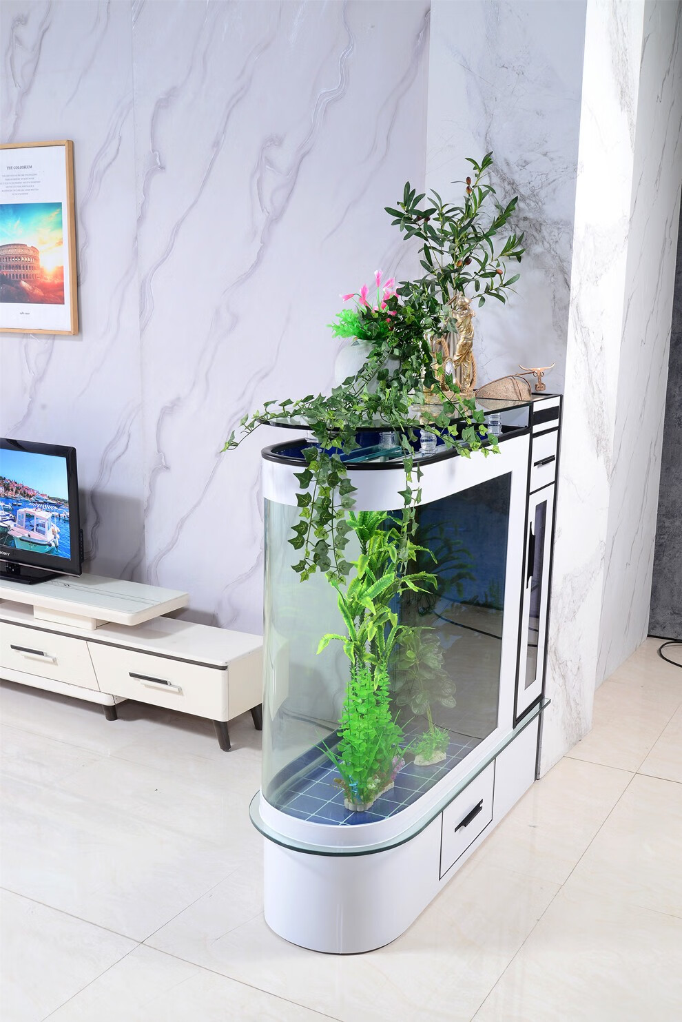 金点尚品轻奢屏风鱼缸水族箱u型子弹头隔断酒架多功能生态智能金鱼缸