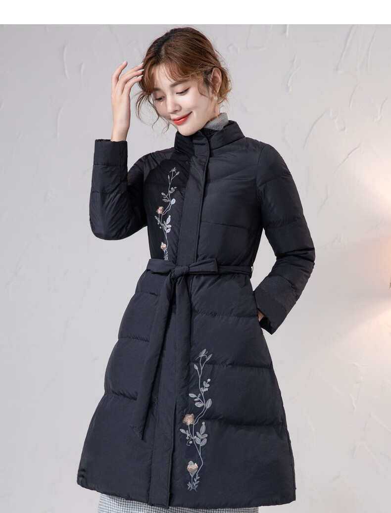 特惠烟花烫黑色绣花羽绒服女中长款2021秋冬新品通勤气质系带收腰保暖