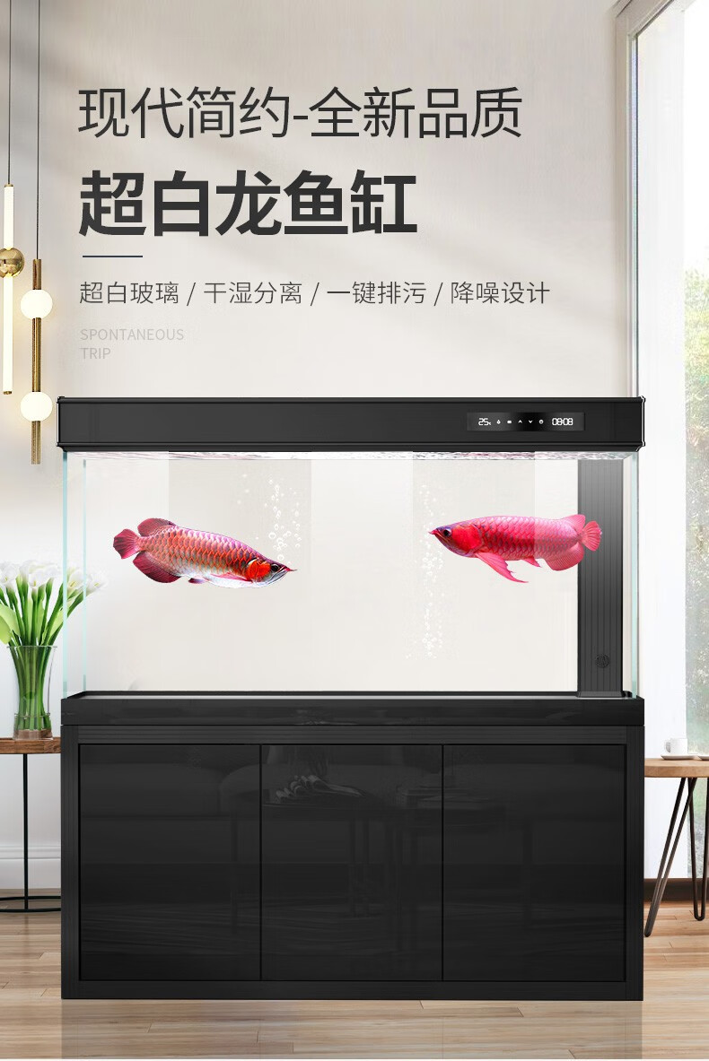汉霸超白玻璃鱼缸水族箱生态底滤鱼缸大型家用智能金鱼缸金柚木靠墙12