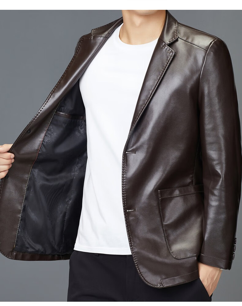 袋鼠皮衣男秋冬西装领仿皮皮衣男中青年休闲皮夹克外套男小西装机车