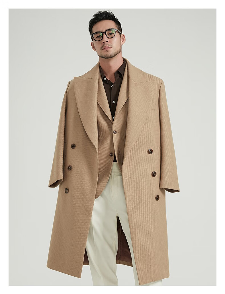 facecity高定限量斜纹戗驳领羊毛大衣男生秋冬新款中长款呢子外套