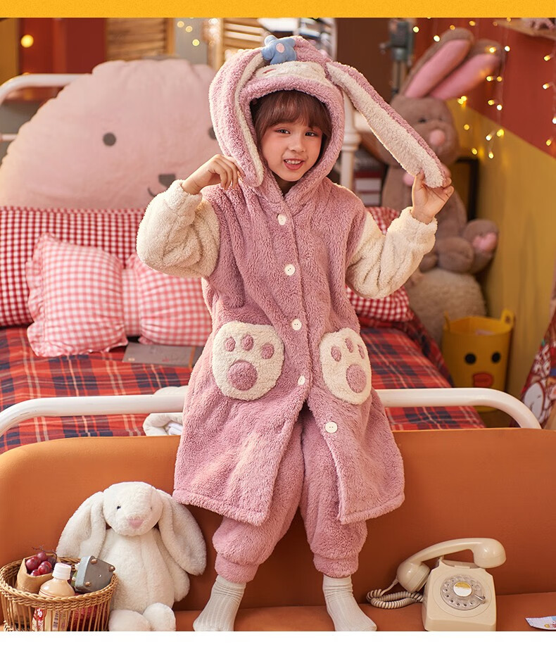 森之鼓女童睡袍秋冬长款可爱兔耳朵珊瑚绒儿童睡衣女孩加厚法兰绒家居