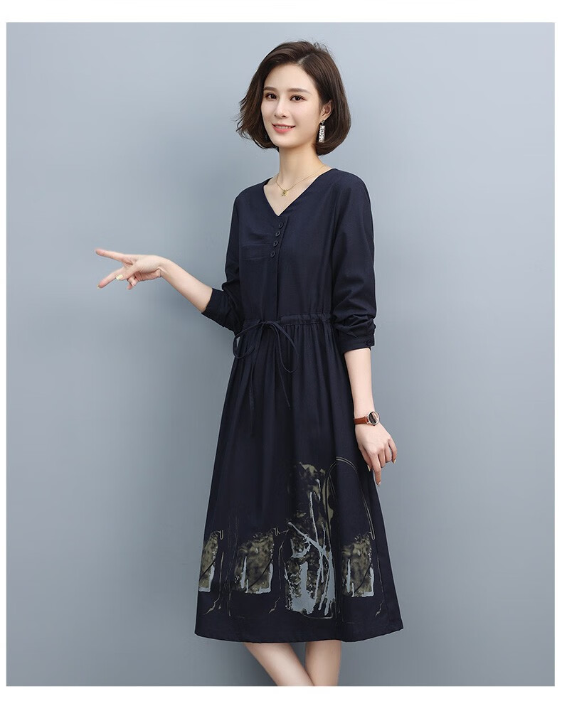 kakaagt品牌棉麻连衣裙女秋季薄款长款2021年新款中年妈妈女装裙子军