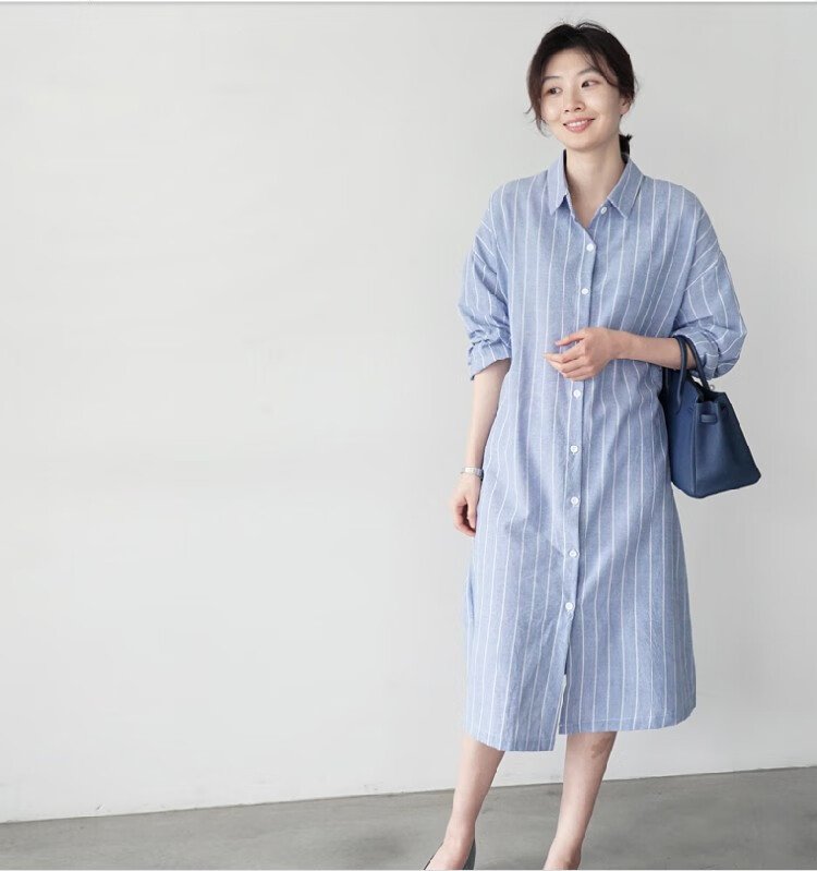 衬衫女2021秋季新款韩版bf风宽松长款chic过膝长袖条纹衬衣百搭休闲薄