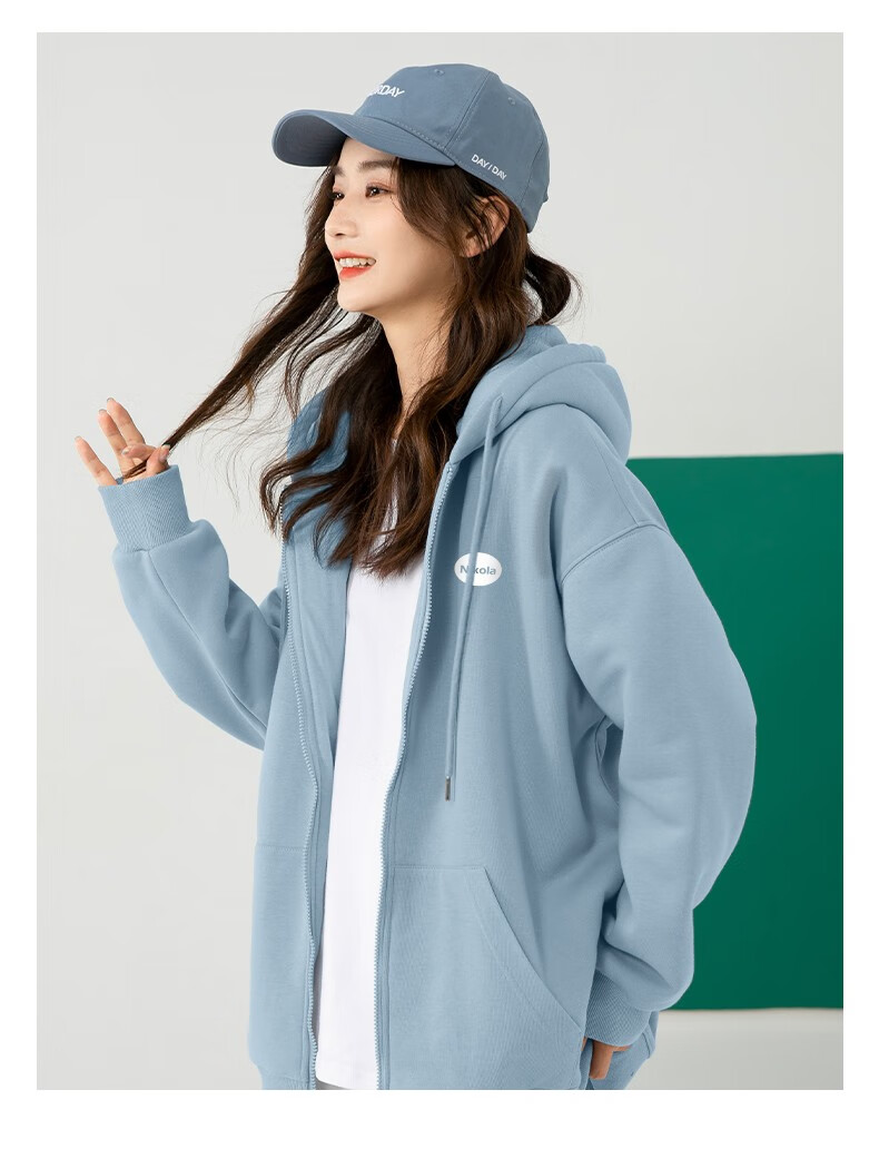 findme雾霾蓝卫衣外套女秋冬2021新款宽松韩版羊羔绒连帽女士上衣冬季