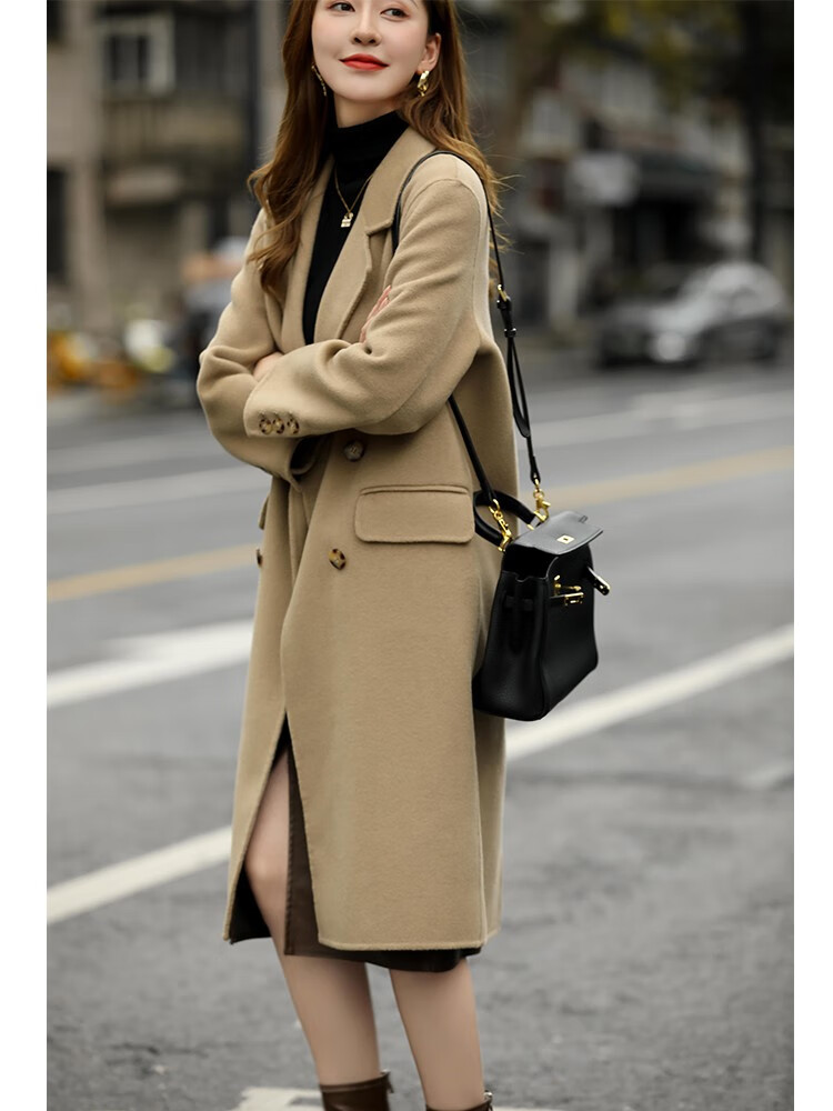 kaisifu品牌双面羊绒大衣女2021年冬季新款可可色中长款西装领气质