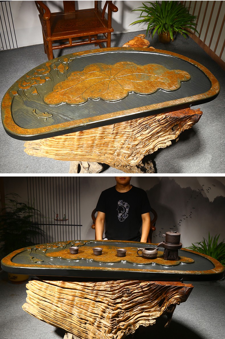 玺翰雅精品收藏级茶盘映日荷塘歙砚茶盘整块天然原石手工雕刻茶台排水