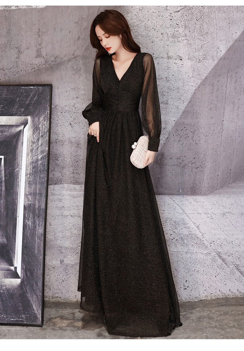 2021新款名媛气质黑色宴会主持人礼服长袖深v领显瘦长款礼服裙黑色xs