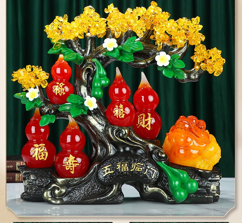 真石演绎五福临门玄关葫芦摆件大号黄水晶招财摇钱树金蟾客厅电视柜