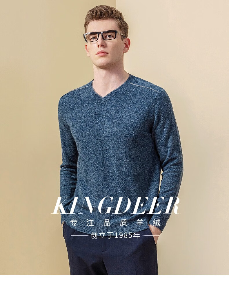 鹿王羊绒衫男士小v领纯色平针保暖套头衫经典百搭商务休闲2021秋冬