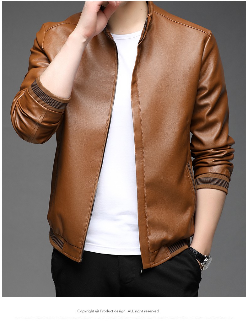 袋鼠皮衣男春秋季新款百搭休闲纯色皮夹克男装中青年立领男士松紧袖口