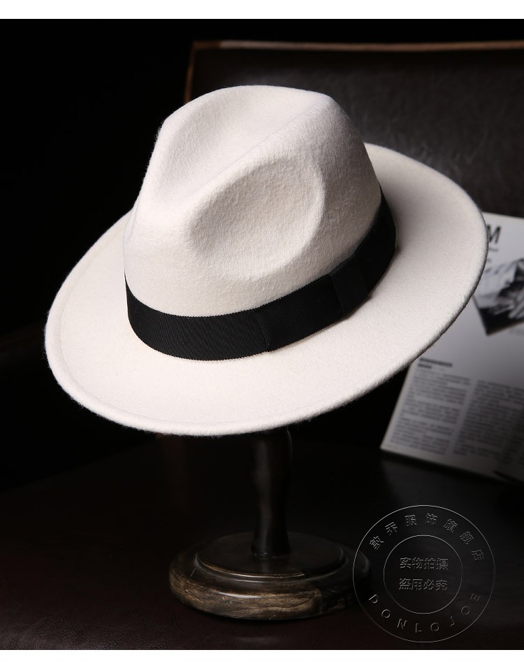 donlojoe白色礼帽男2021冬季新款时尚英伦风羊毛毡宽檐经典爵士帽子