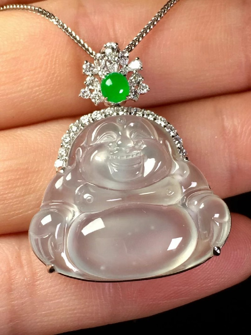 翡翠高冰种笑佛佛公吊坠 18k金镶嵌珠宝首饰冰种翡翠缅甸天然a货玉石