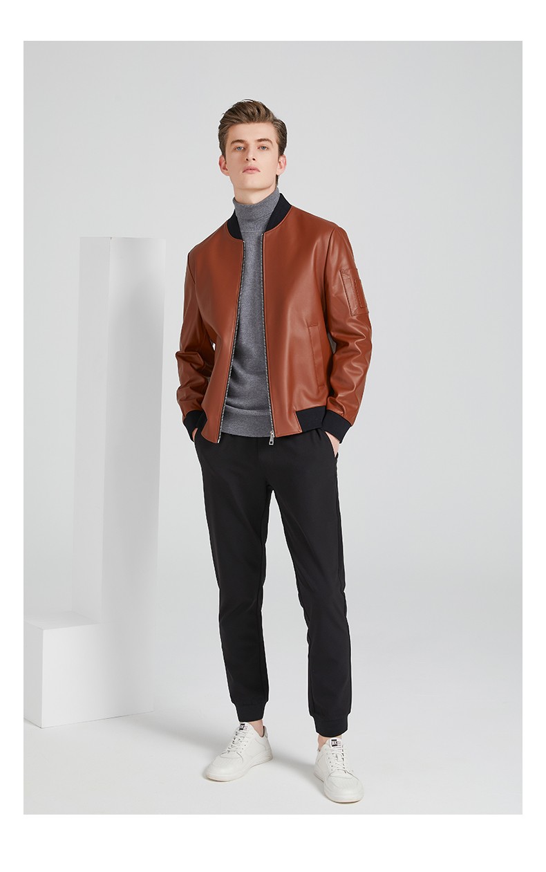 斯得雅stava男士真皮皮衣棒球领细腻机车短款修身皮夹克秋季新款男装