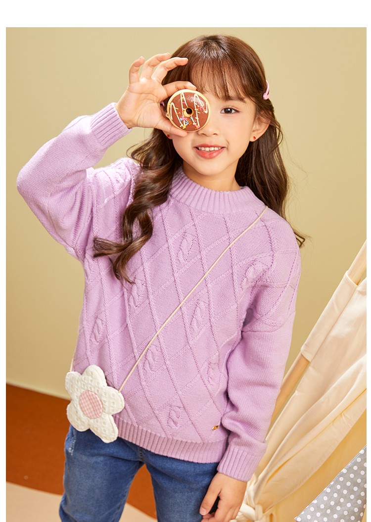 水孩儿童装女童线衣毛衣长袖圆领套头款纯色针织衫秋季新款中大童豆沙