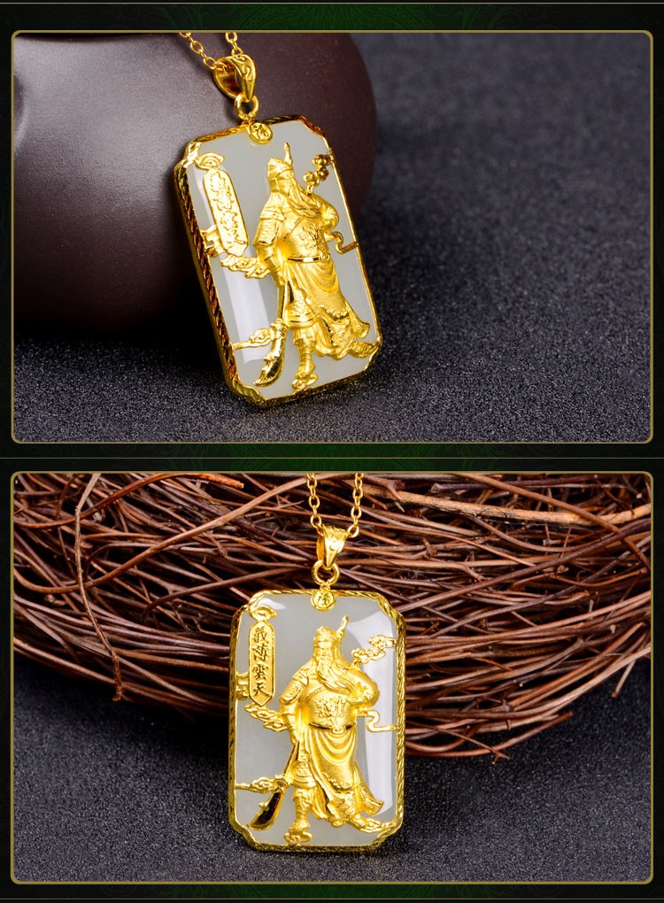 简奢唯爱 999黄金镶和田白玉项坠玉牌足金吊坠挂件忠义关公金牌 黄金