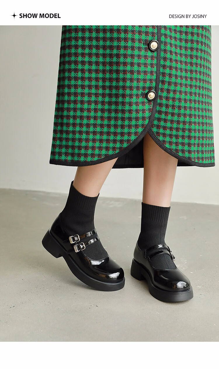 卓诗尼2021冬款英伦风小皮鞋时装靴弹力连袜靴短靴女黑色35