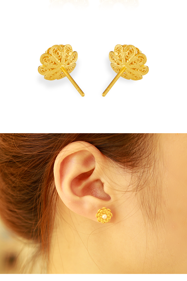 越王古法黄金踏雪袭人花丝足金耳钉女士黄金耳饰004616金重271克