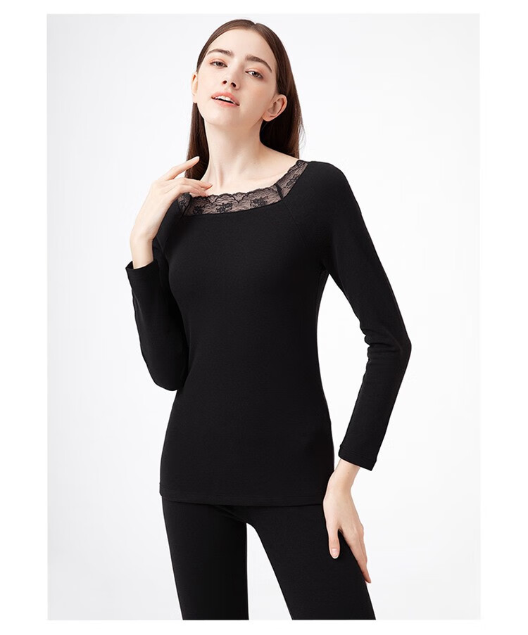 兰卓丽秋衣女暖衣蕾丝花边圆领打底衫加绒加厚长袖秋冬季款保暖上衣