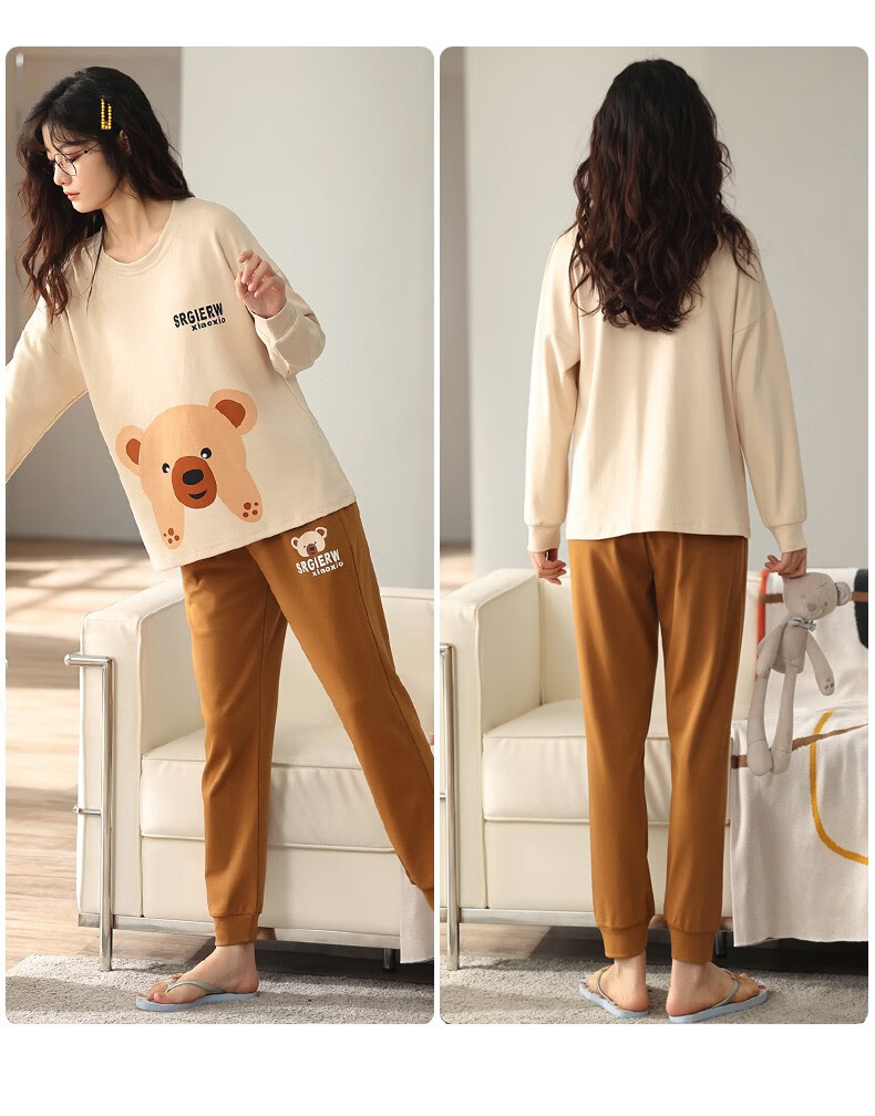 美如春睡衣女秋季纯棉长袖长裤秋冬款圆领套头休闲睡衣女冬月子服女士