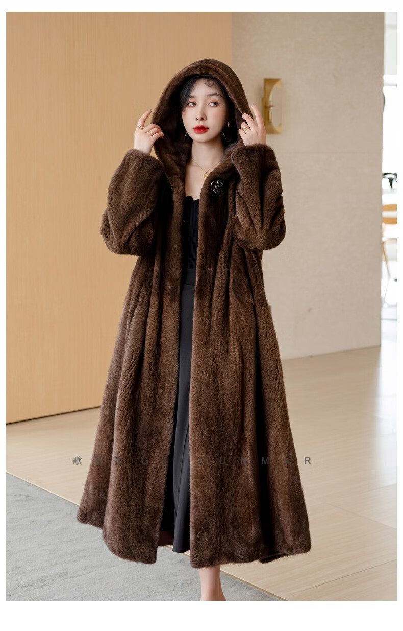 歌芬蔓(gilfunmar) 品牌貂皮大衣女整貂连帽过膝长款水貂皮草外套大码