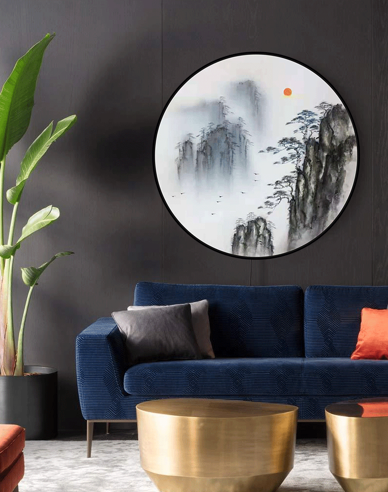 背景墙壁画餐厅书房茶室办公室挂画迎客松e款直径60cm手绘油画铝合