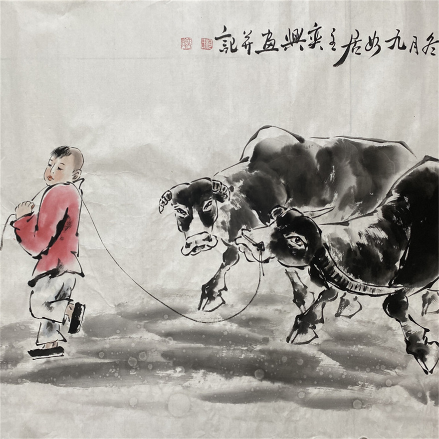 牛《归牧图》138cm*69cm 著名画家 何奕兴 水墨篆刻画 国画 字画 手绘