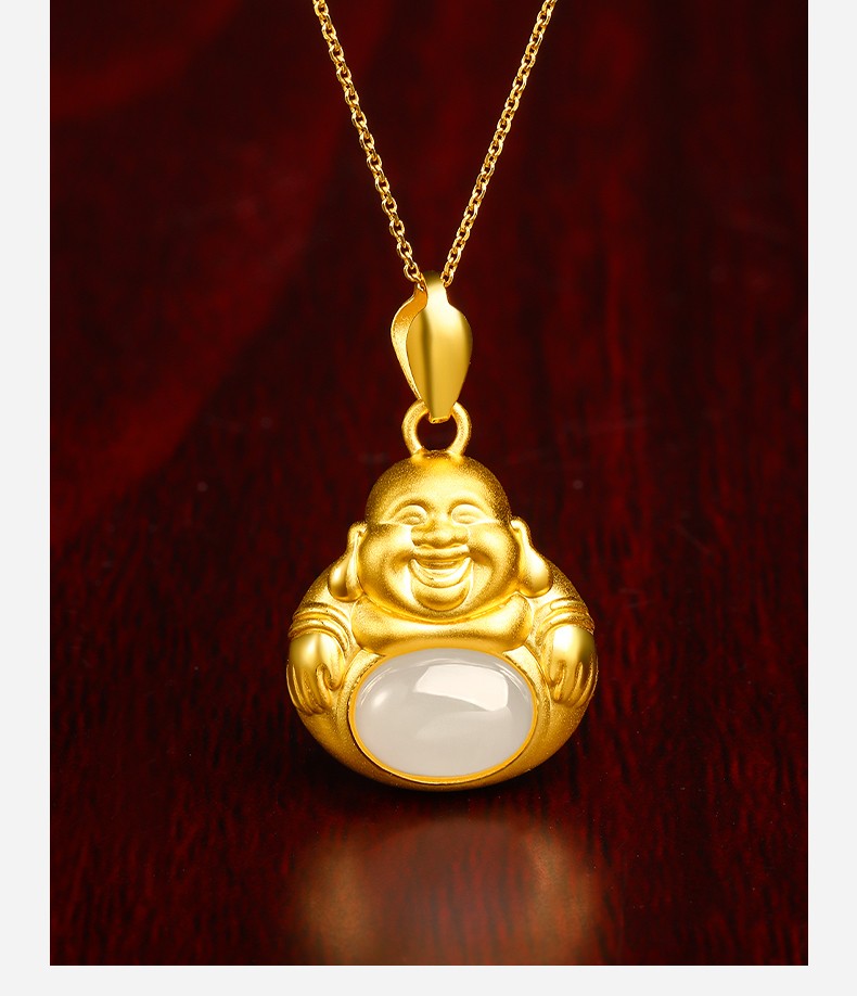 【保价618】景曦 黄金足金金镶玉和田玉弥勒佛公吊坠佛玉坠挂坠白玉笑